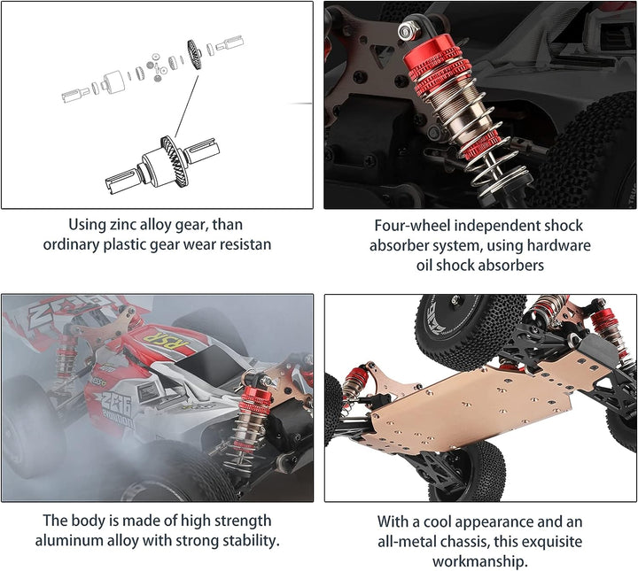 144001 Racing RC Cars,1:14 Scale High Speed Remote Control Car for Adults Kids, Fast RC Cars with 2 Batteries, 2.4GHz RC Buggy Off-Road Drift Car with RTR Aluminum Alloy Chassis