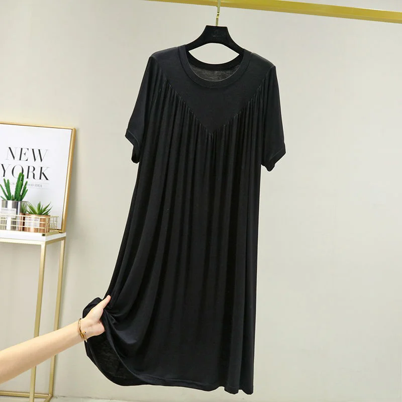 Modal loose dress womens summer thin nightdress outdoor wearable pleated A-line dress