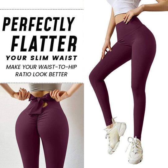 Bow Solid Color Fitness Sports Leggings Womens High Waist Slim Peach Hip Elastic Yoga Pants