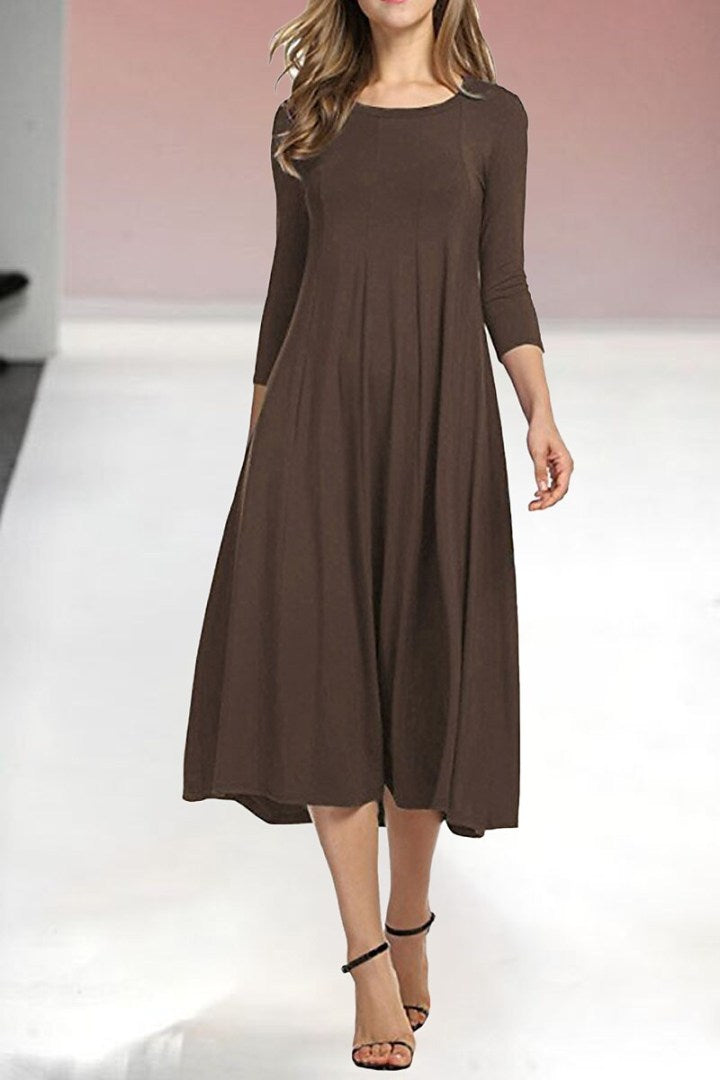 Womens New Mid sleeve Solid Color Swing Dress