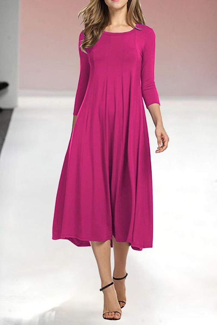 Womens New Mid sleeve Solid Color Swing Dress