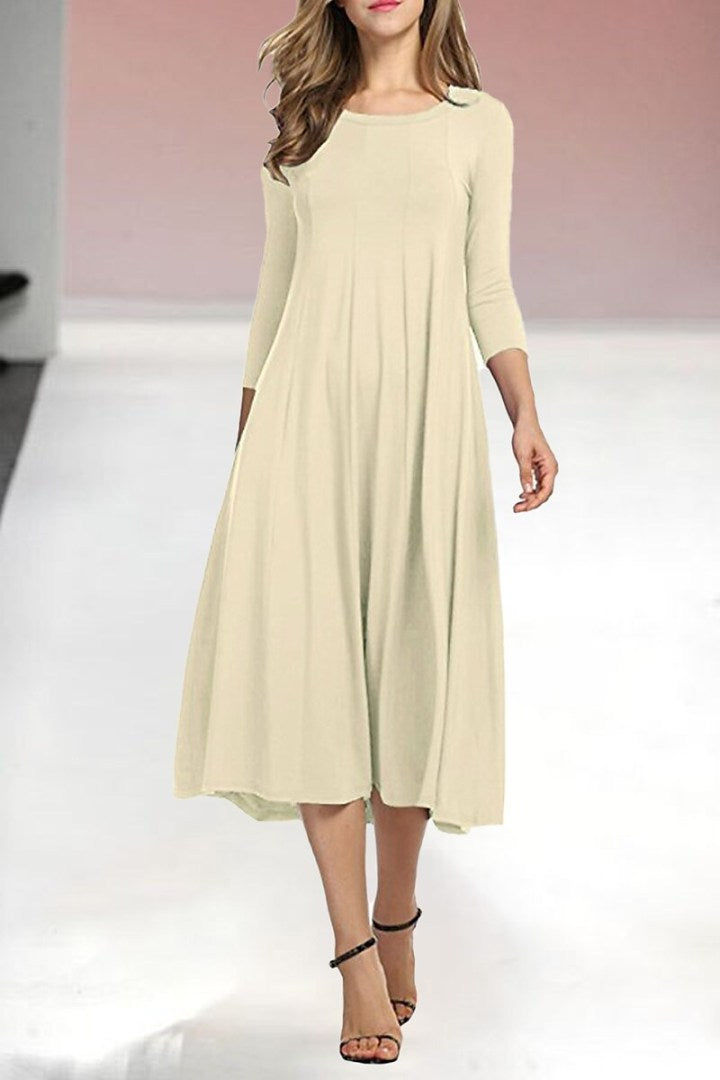 Womens New Mid sleeve Solid Color Swing Dress