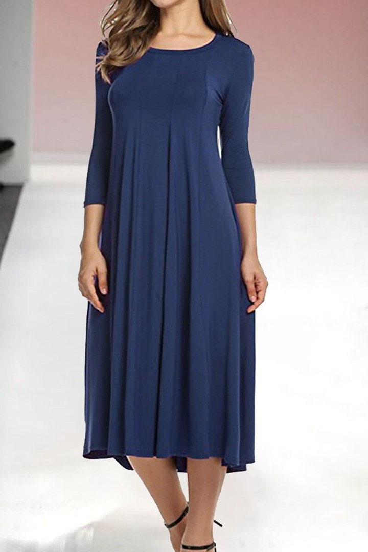 Womens New Mid sleeve Solid Color Swing Dress