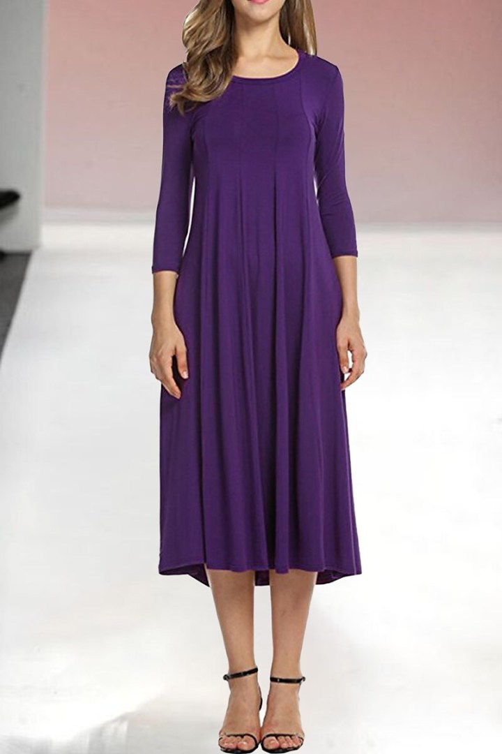 Womens New Mid sleeve Solid Color Swing Dress