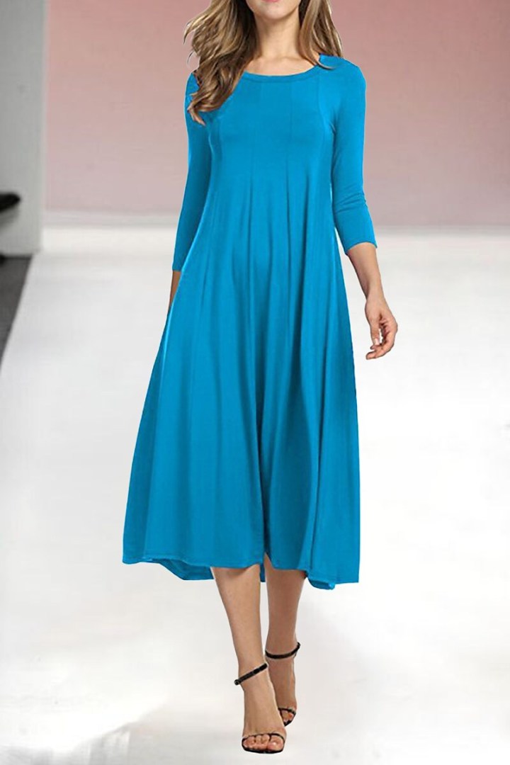 Womens New Mid sleeve Solid Color Swing Dress