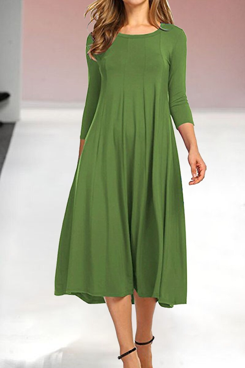 Womens New Mid sleeve Solid Color Swing Dress