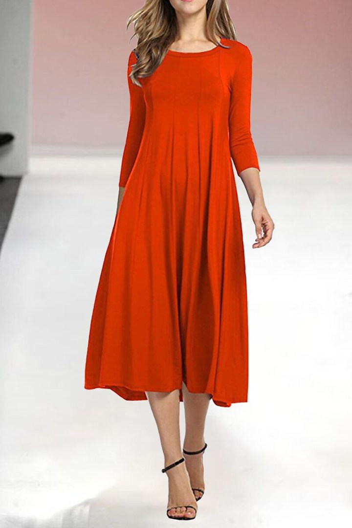 Womens New Mid sleeve Solid Color Swing Dress