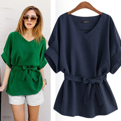 Linen Short Sleeved Shirt With V Neckline
