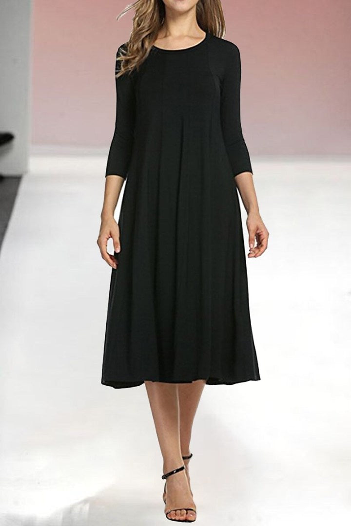 Womens New Mid sleeve Solid Color Swing Dress