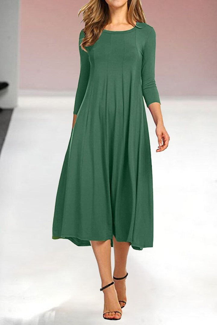 Womens New Mid sleeve Solid Color Swing Dress