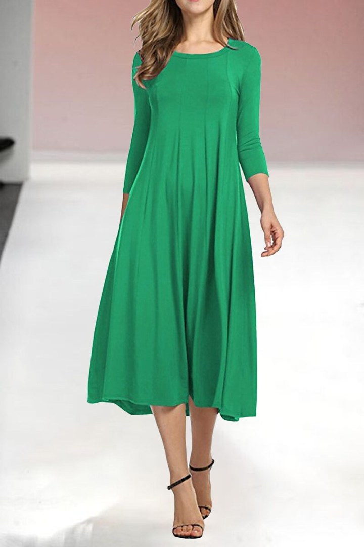 Womens New Mid sleeve Solid Color Swing Dress