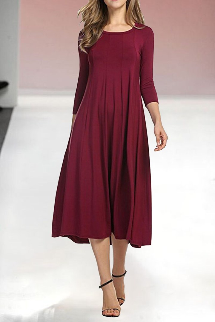Womens New Mid sleeve Solid Color Swing Dress