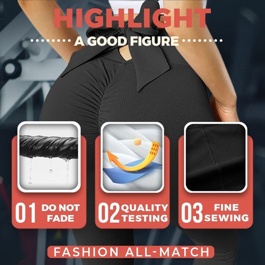 Bow Solid Color Fitness Sports Leggings Womens High Waist Slim Peach Hip Elastic Yoga Pants